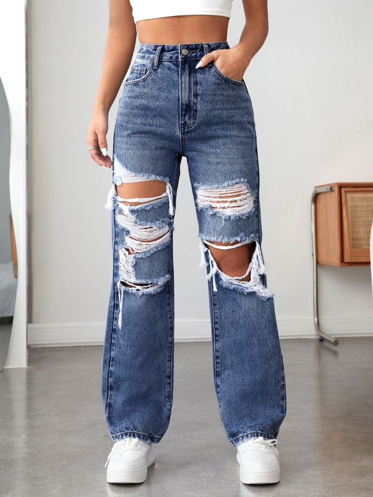 Jean Wide Leg Azul Rasgado – Estilo Streetwear