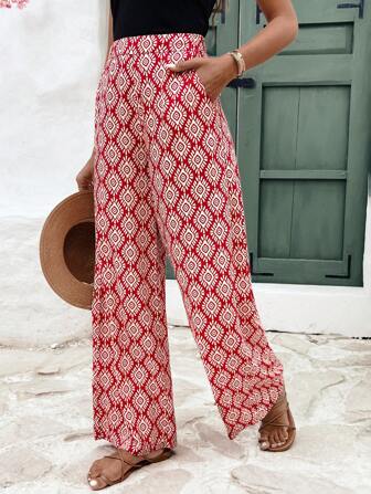 Pantalón Palazzo Rojo Estampado Étnico – Look Bohemio